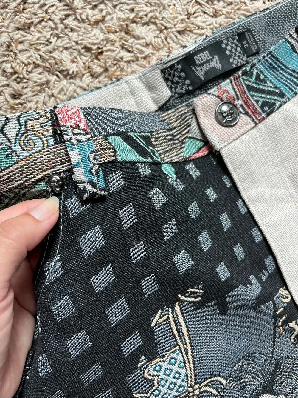 Rebel Vengeance Japanese Samurai and skull tapestry cargo pants